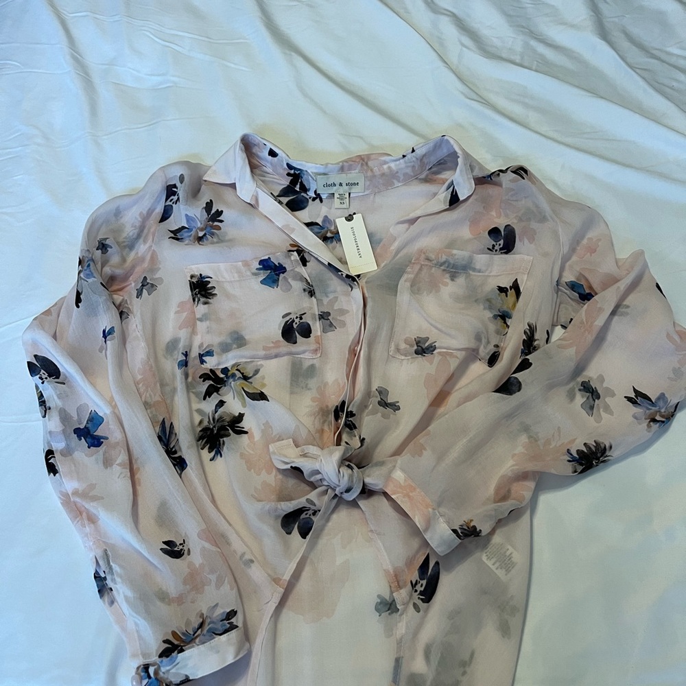 NWT! Cloth & Stone Anthropologie Tavira Sheer Floral Blouse pink/rose XS - Picture 7 of 11